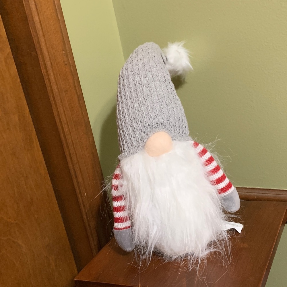 Gray and Red Striped Gnome Plush with Beanbag bottom.